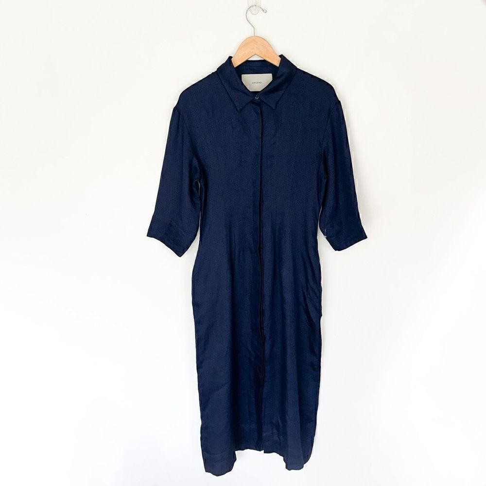 Asceno Women’s Navy Organic Linen 3/4 Sleeve Maxi Length Button Down Shirt Dress